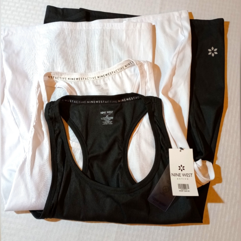 New NINE WEST RACER BACK ACTIVEWEAR TANKS BLACK & WHITE (SET OF 2) SZ 3X